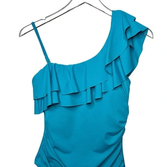 NEW Tahari Teal Blue One Shoulder Ruffle Women’s One piece Swinsuit Sz 6 - Picture 2 of 11